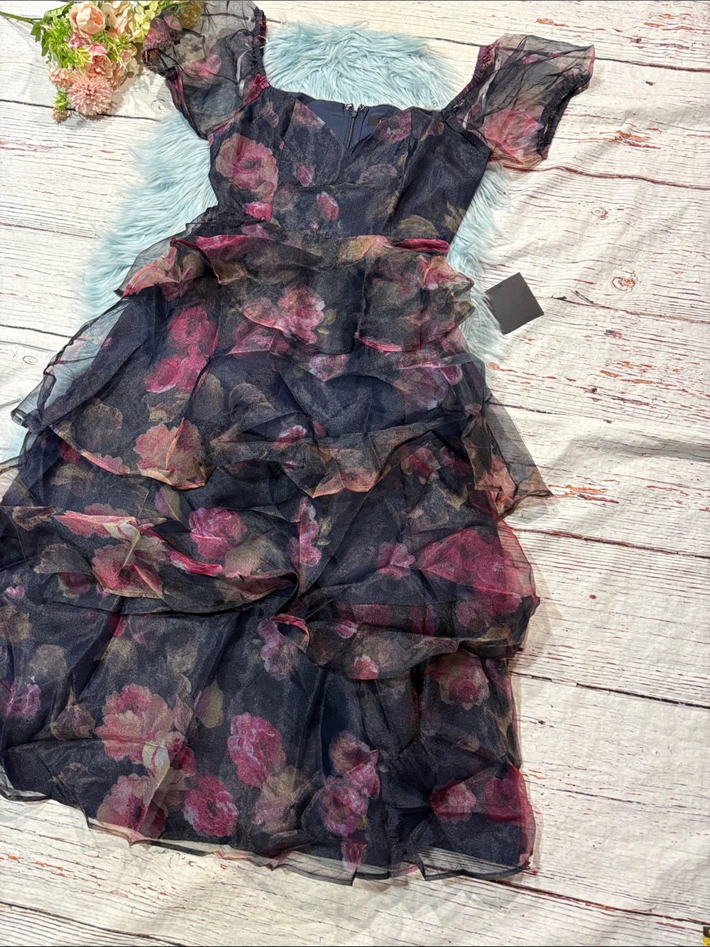 NWT Lulus Oh-So Stunning Navy Blue Floral Organza Tiered Midi Dress - Picture 6 of 9